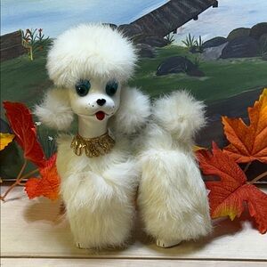 Elegant White Poodle Figurine MCM  Poodle Dog 1960's Rabbit Fur Glass eyes